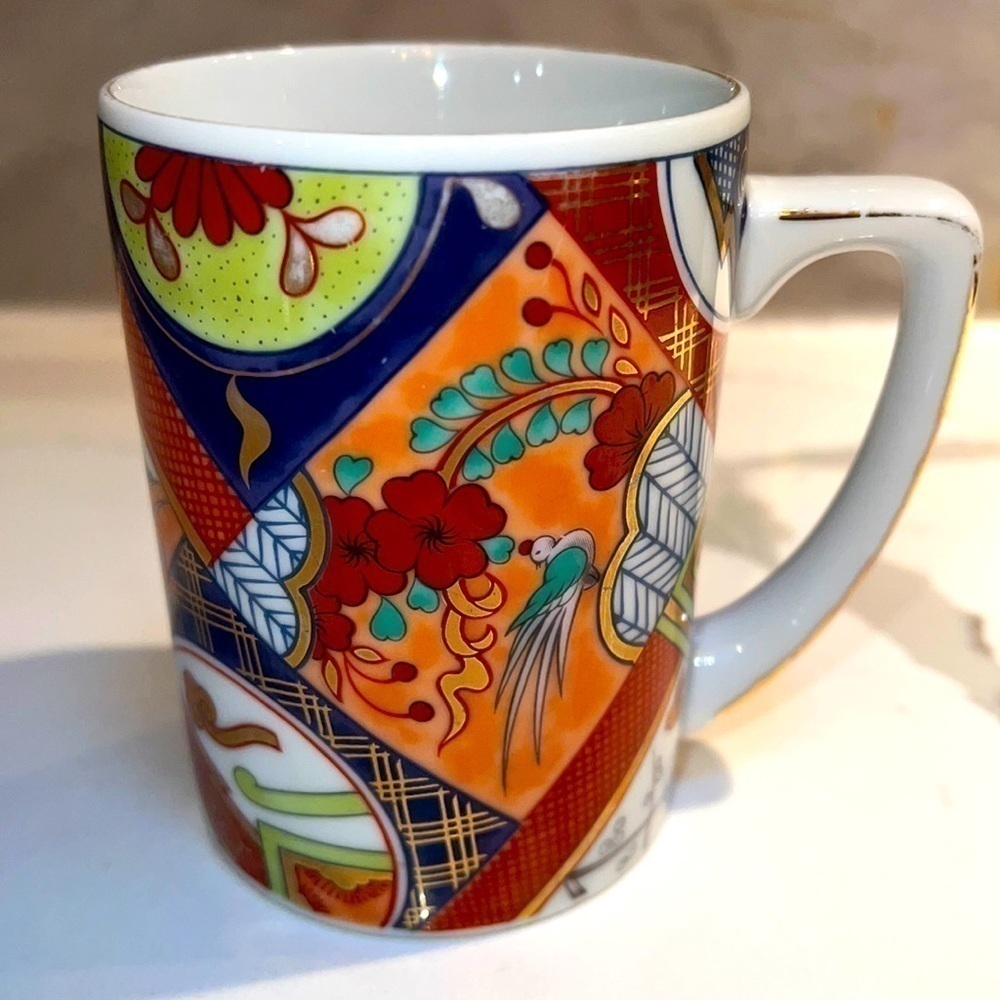 Neiman Marcus Imari Japan Tea Cup Mug Vintage Asian Decor Floral and Geometric